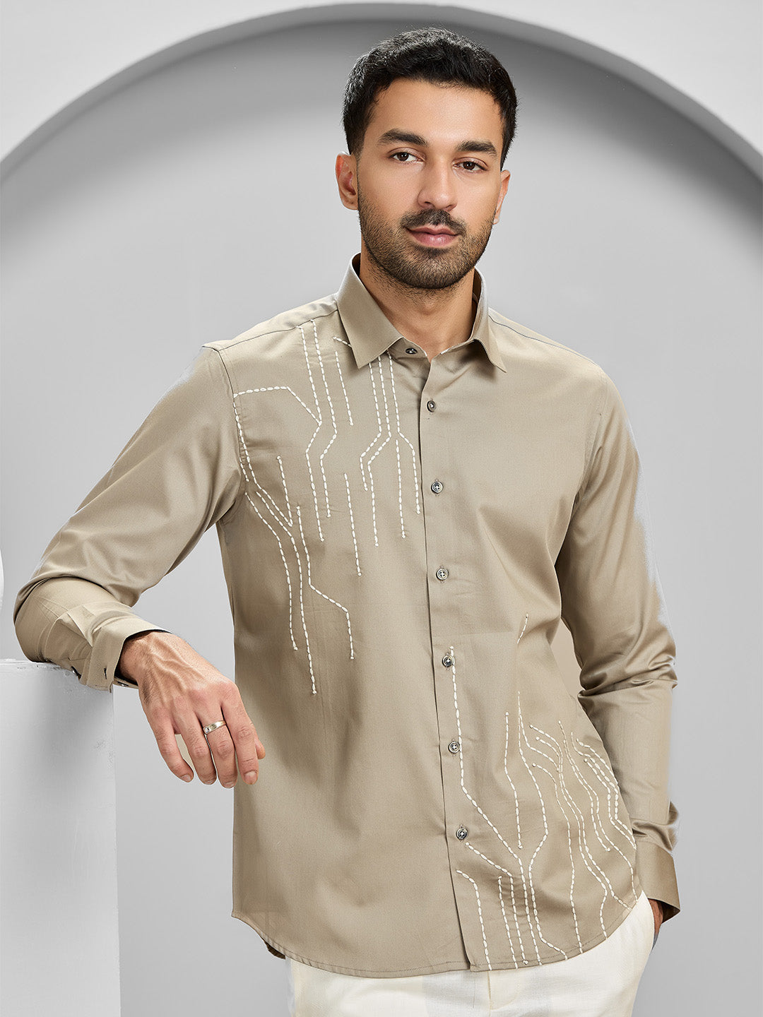 Men's Khaki Cotton Designer Shirt in Slim Fit