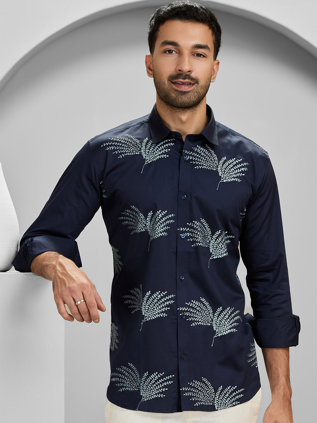 Navy Blue Slim Fit Cotton Shirt with Elegant Embroidery Detailing
