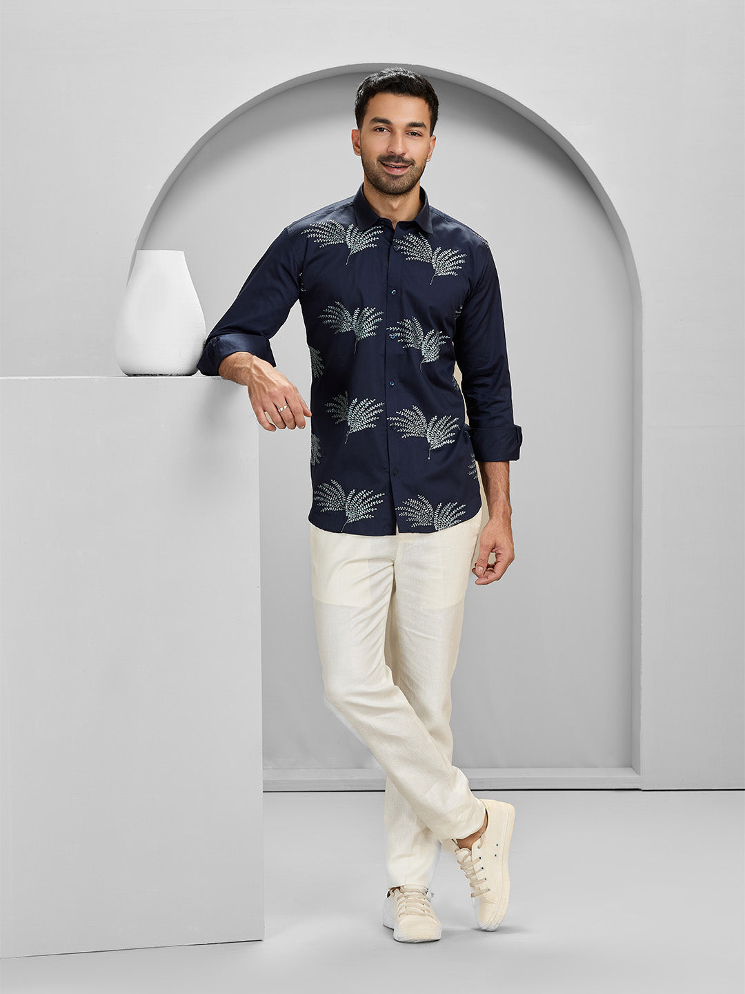 Navy Blue Slim Fit Cotton Shirt with Elegant Embroidery Detailing