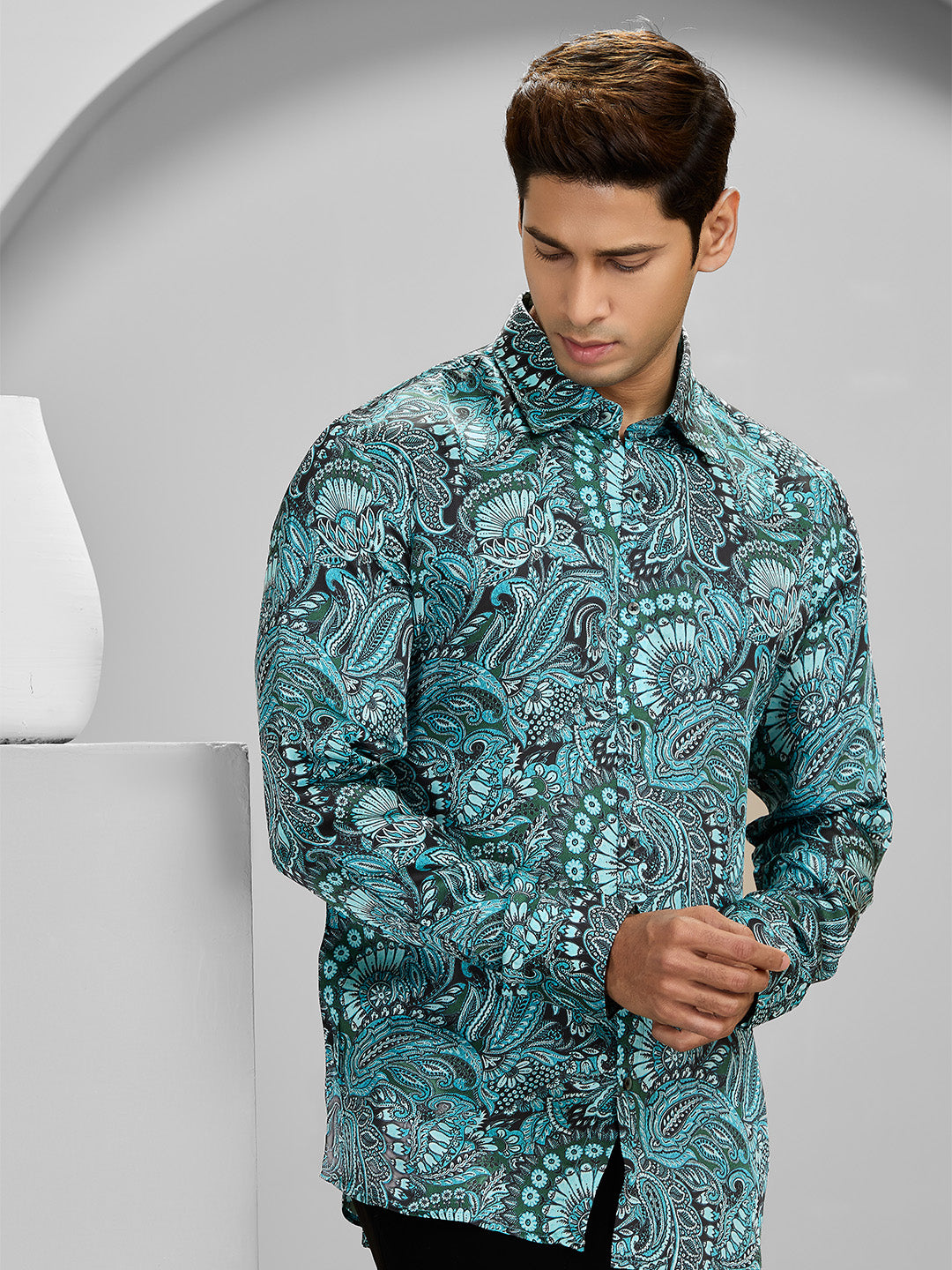 Men’s Aqua Cupro Printed Shirt in Slim Fit