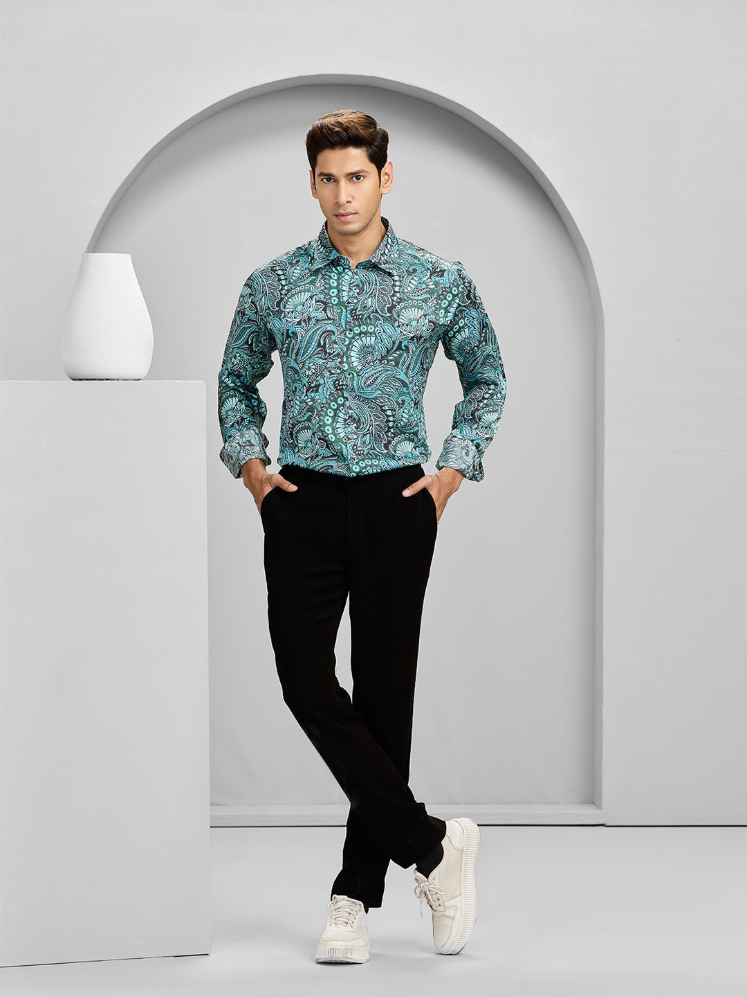 Men’s Aqua Cupro Printed Shirt in Slim Fit