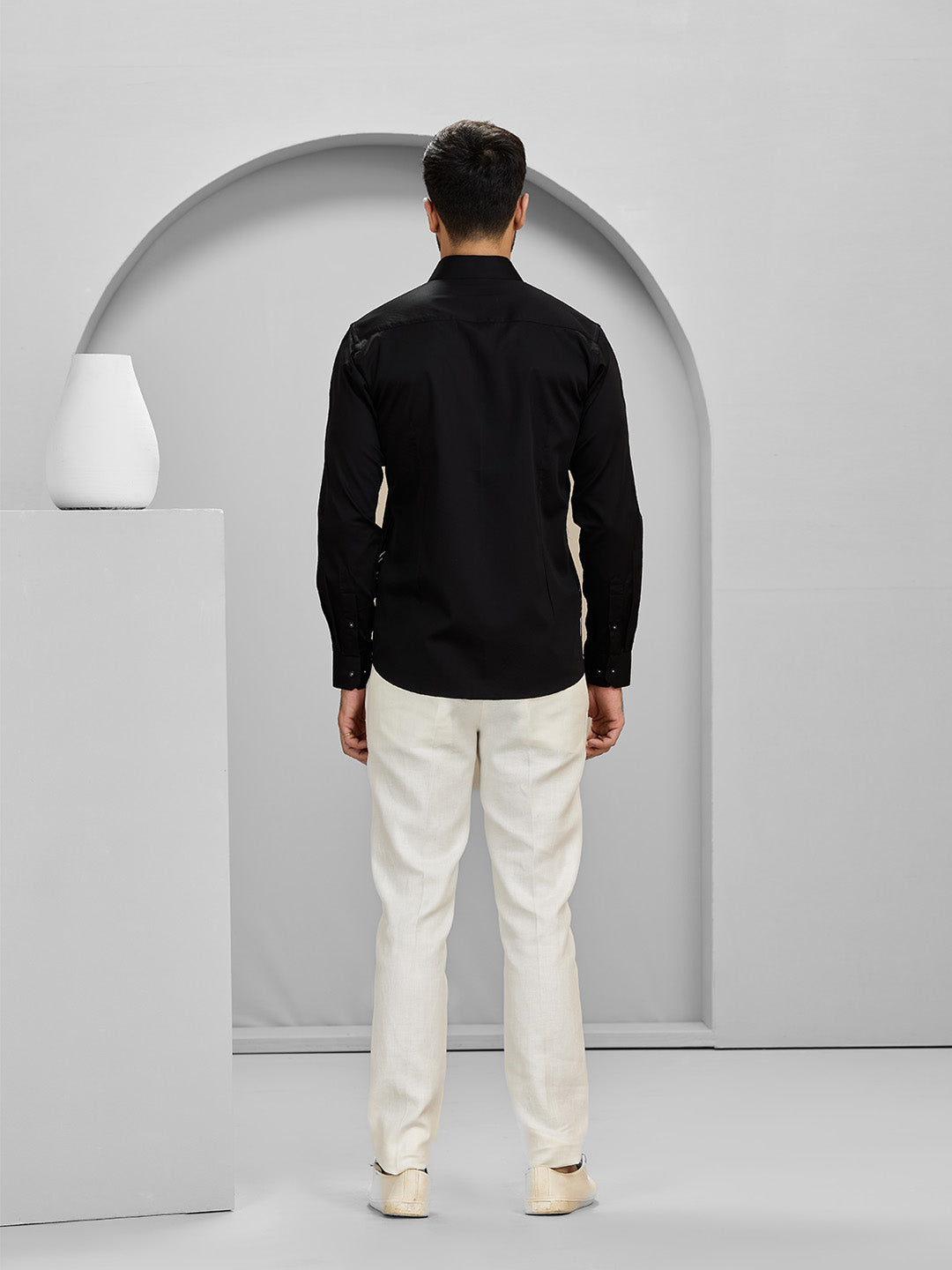 Black Slim Fit Cotton Shirt with Intricate Embroidery Accents