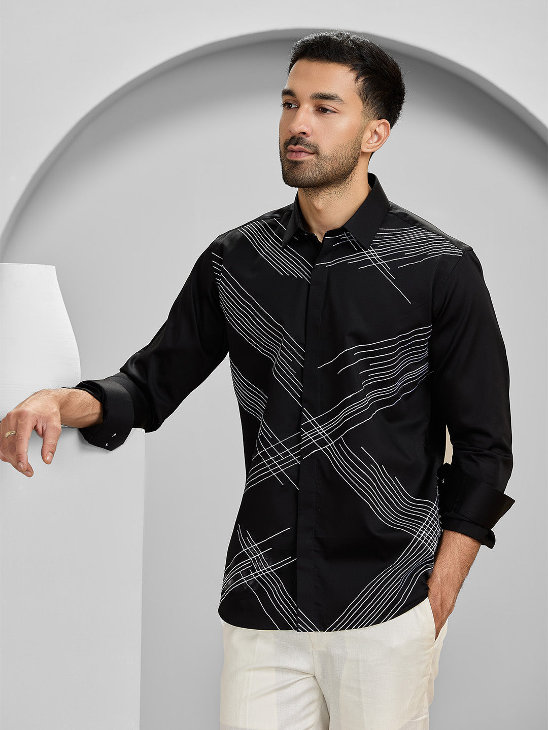 Black Slim Fit Cotton Shirt with Intricate Embroidery Accents