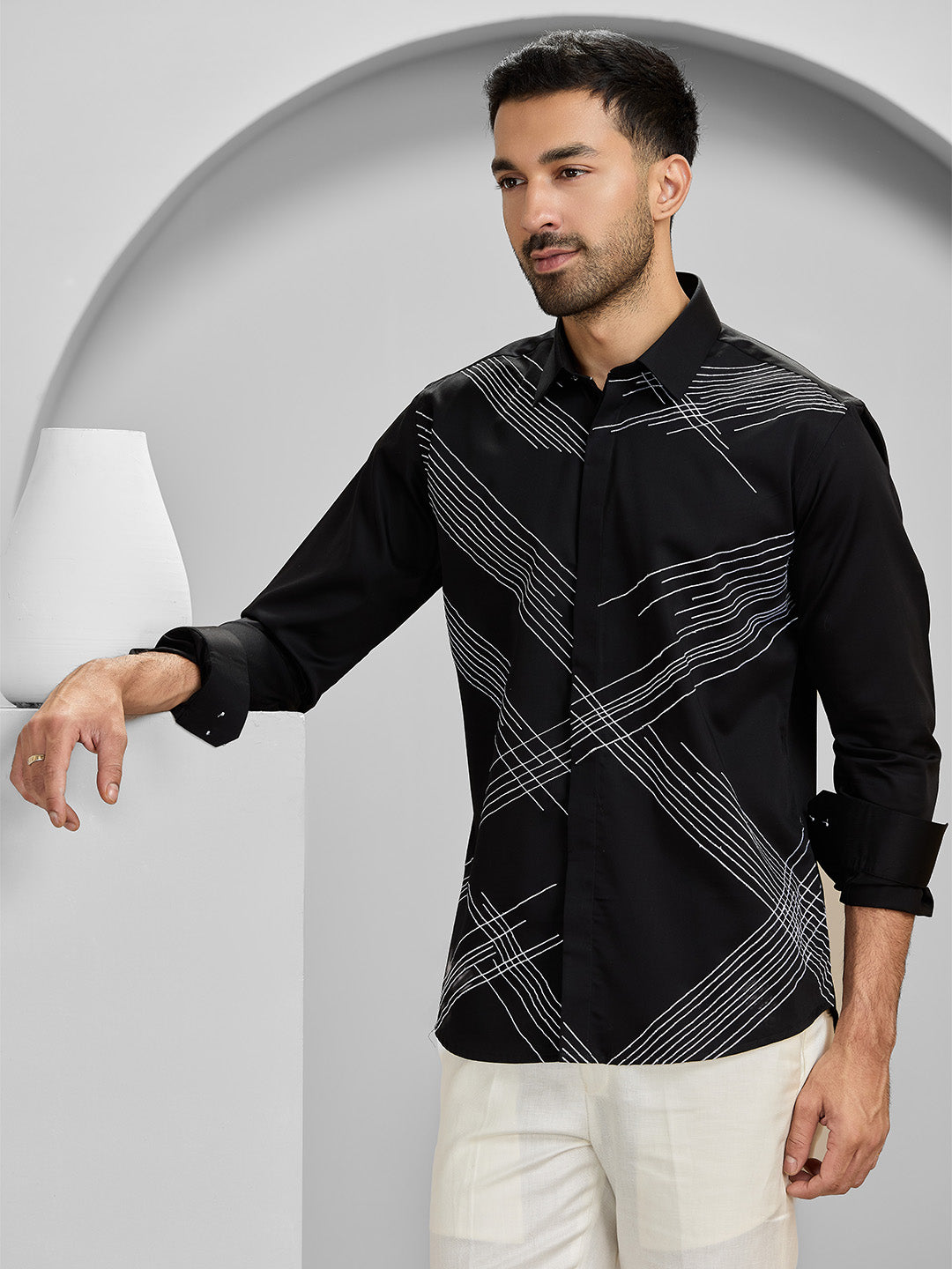 Black Slim Fit Cotton Shirt with Intricate Embroidery Accents