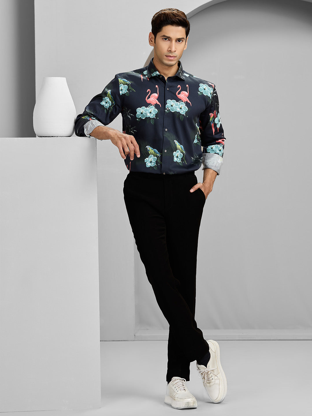 Men’s Navy Cotton Printed Shirt in Slim Fit