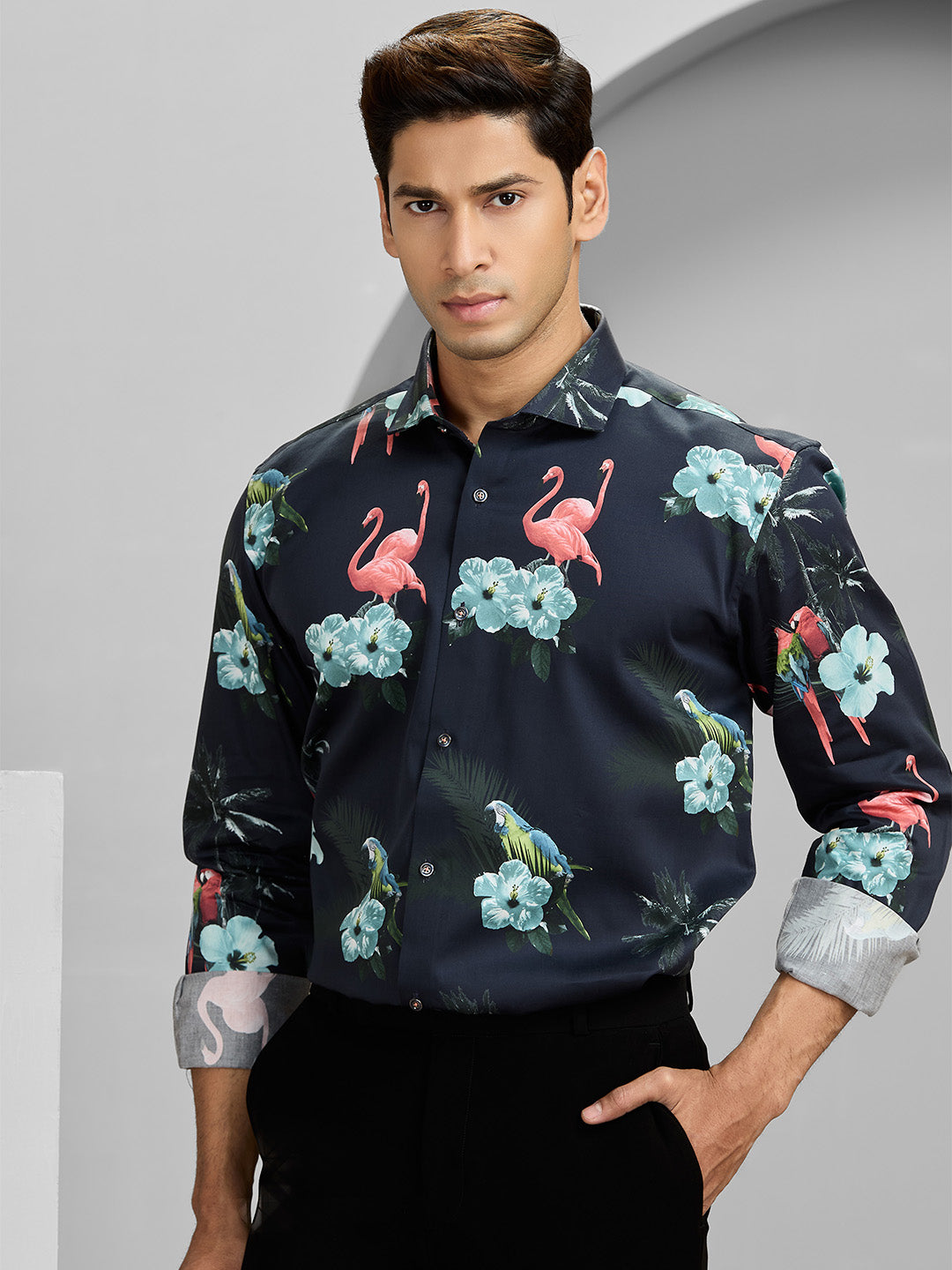 Men’s Navy Cotton Printed Shirt in Slim Fit