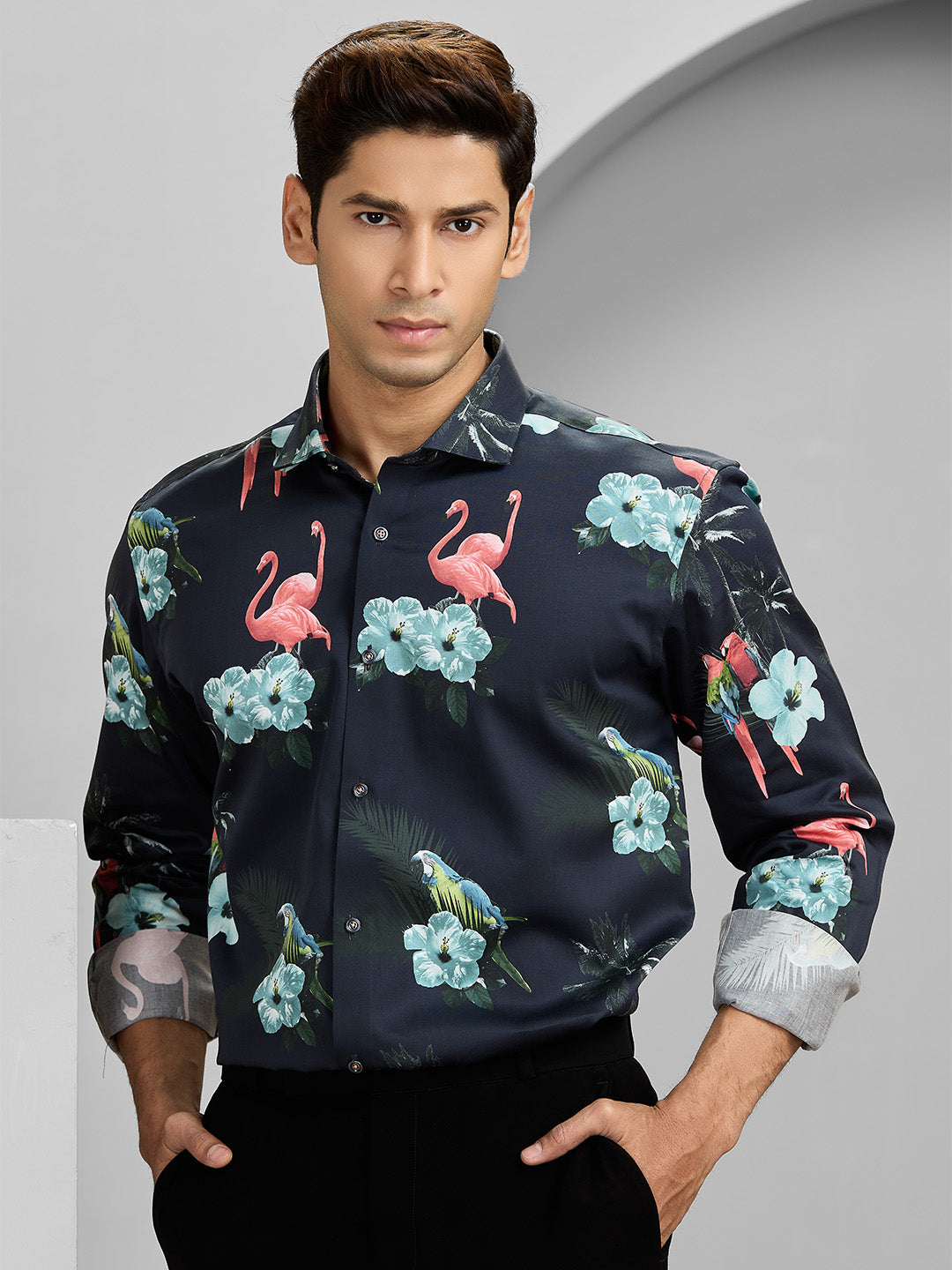 Men’s Navy Cotton Printed Shirt in Slim Fit