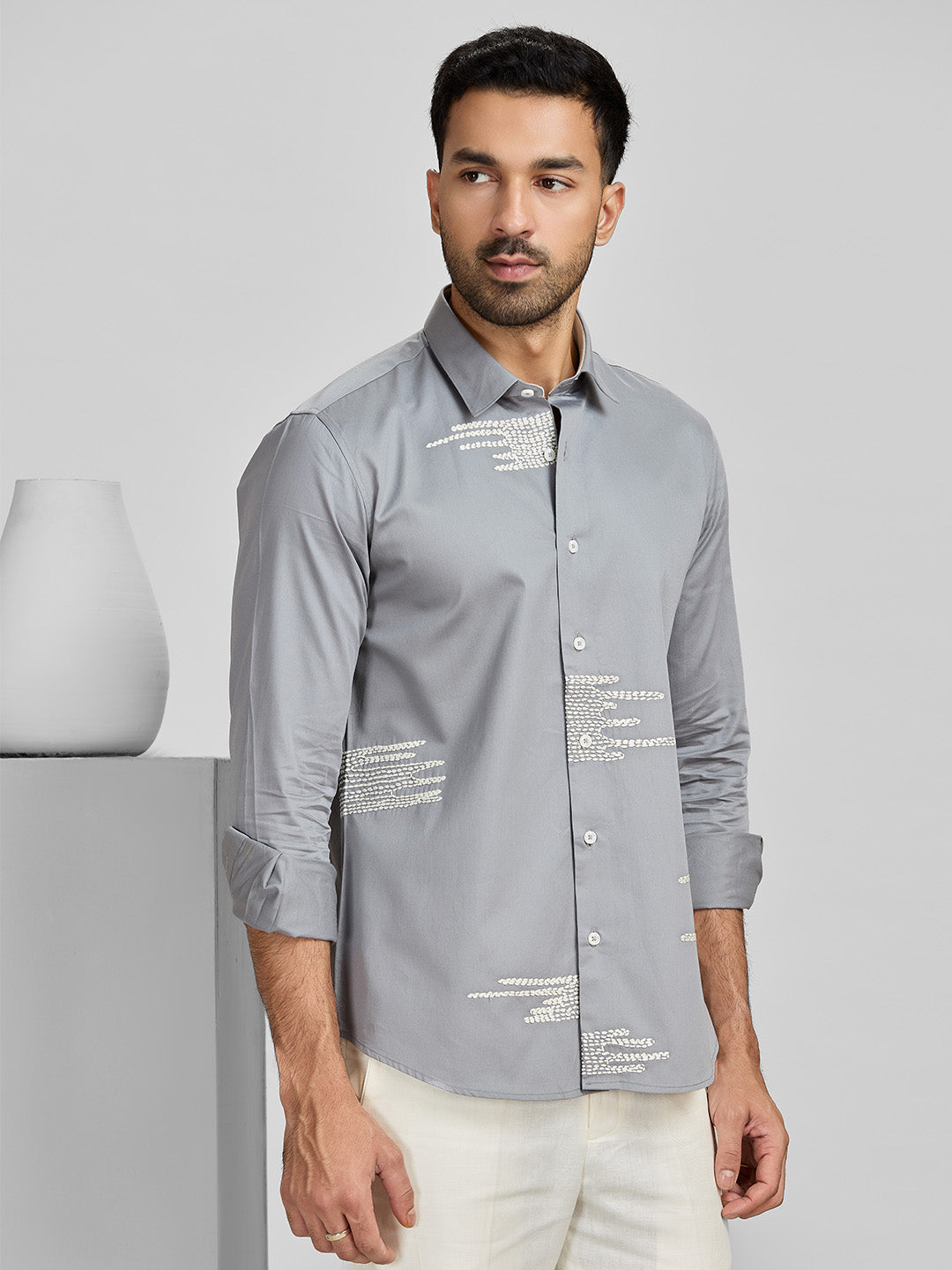 Men's Grey Cotton Designer Shirt in Slim Fit