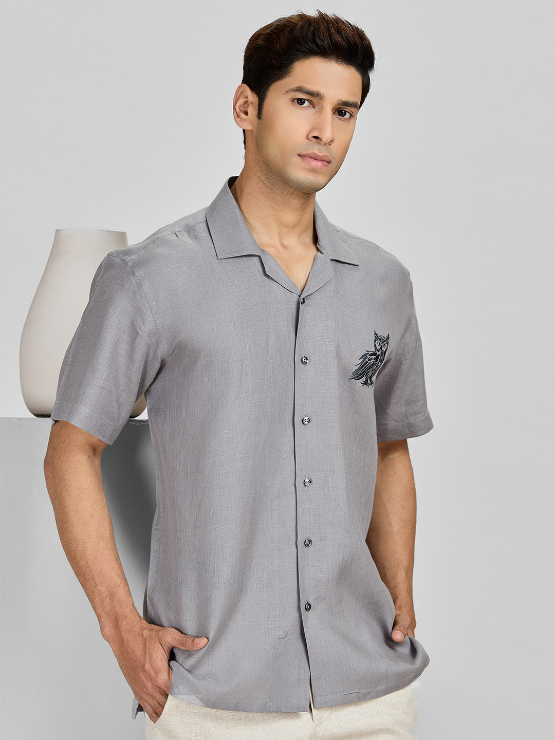 Men's Dark Grey Owl Embroidery Linen Cuban Regular Fit Shirt