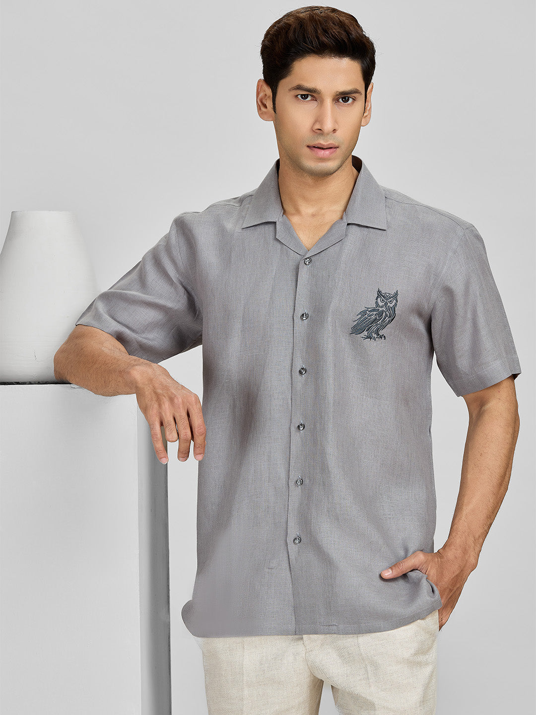 Men's Dark Grey Owl Embroidery Linen Cuban Regular Fit Shirt