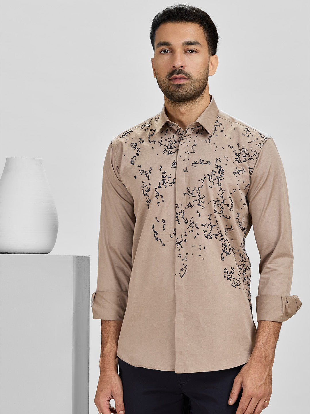 Choco Slim Fit Cotton Shirt with Elegant Embroidery Detailing
