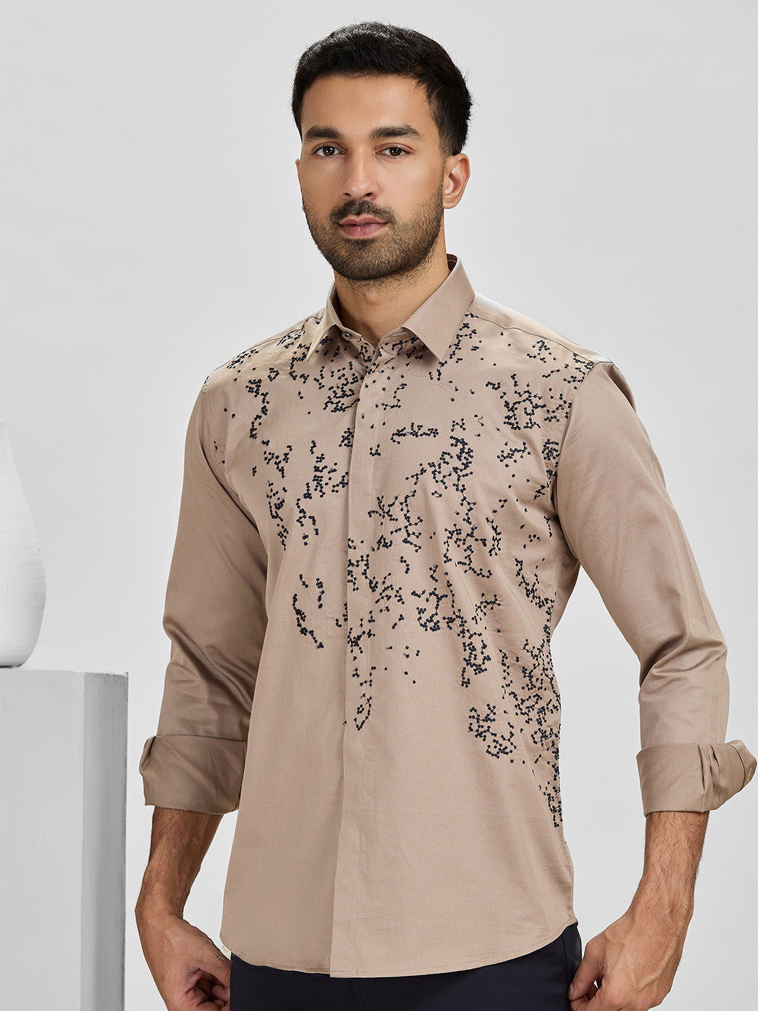 Choco Slim Fit Cotton Shirt with Elegant Embroidery Detailing