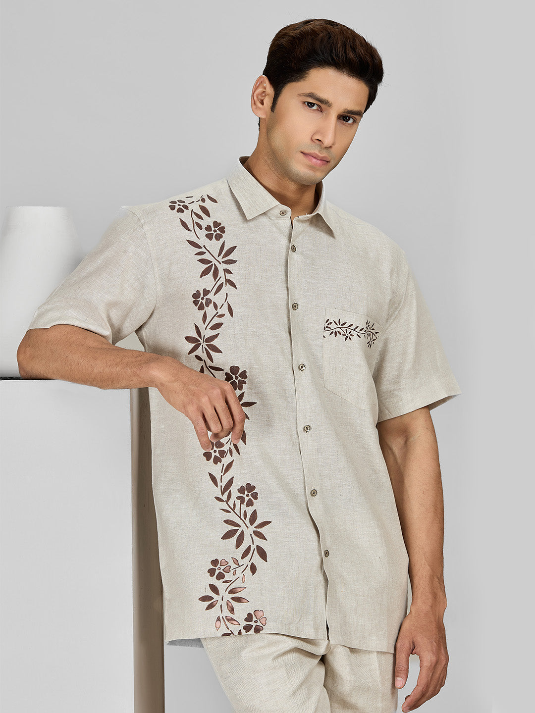 Natural Linen Shirt with Hand-Painted Floral Art