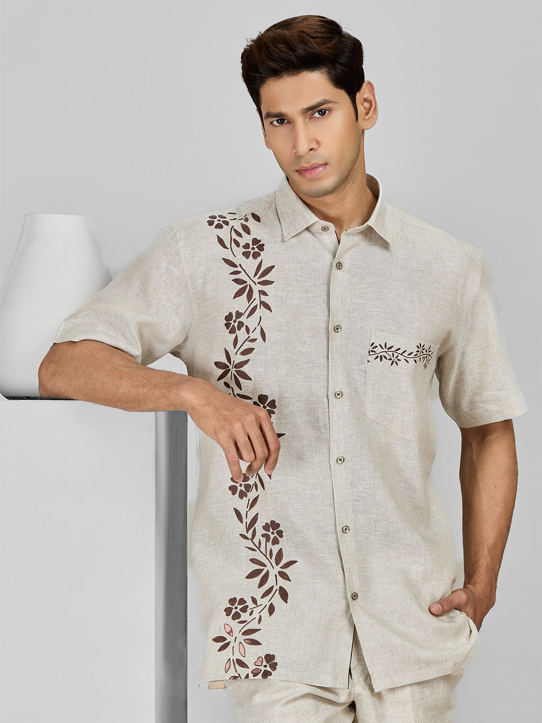 Natural Linen Shirt with Hand-Painted Floral Art