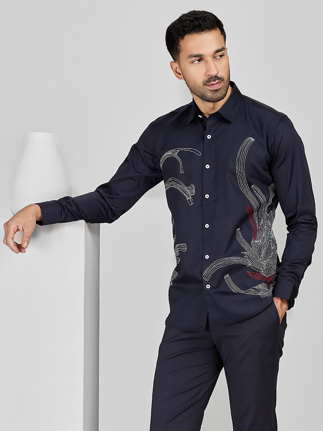 Men's Navy Blue Cotton Designer Shirt in Slim Fit