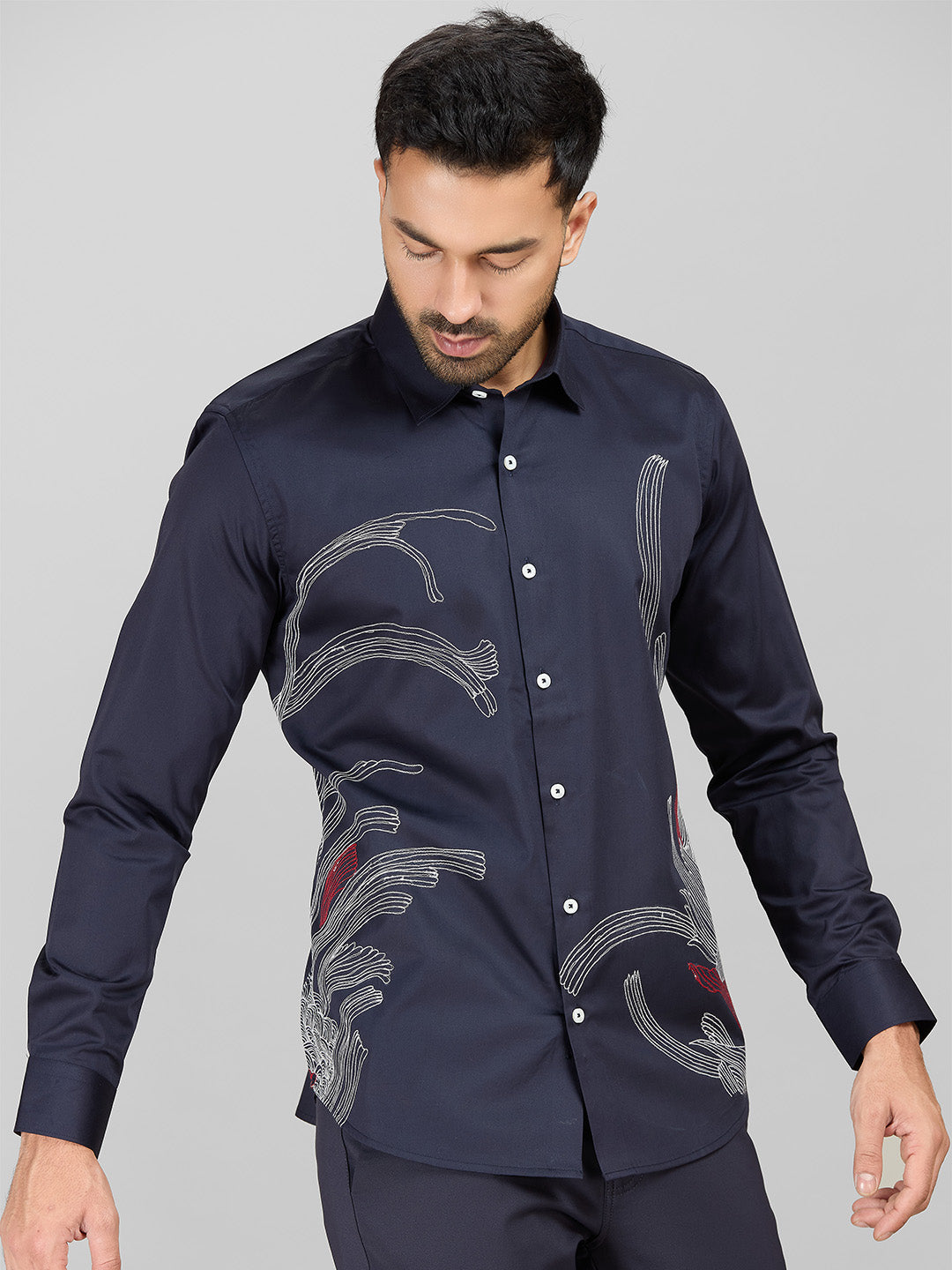 Men's Navy Blue Cotton Designer Shirt in Slim Fit