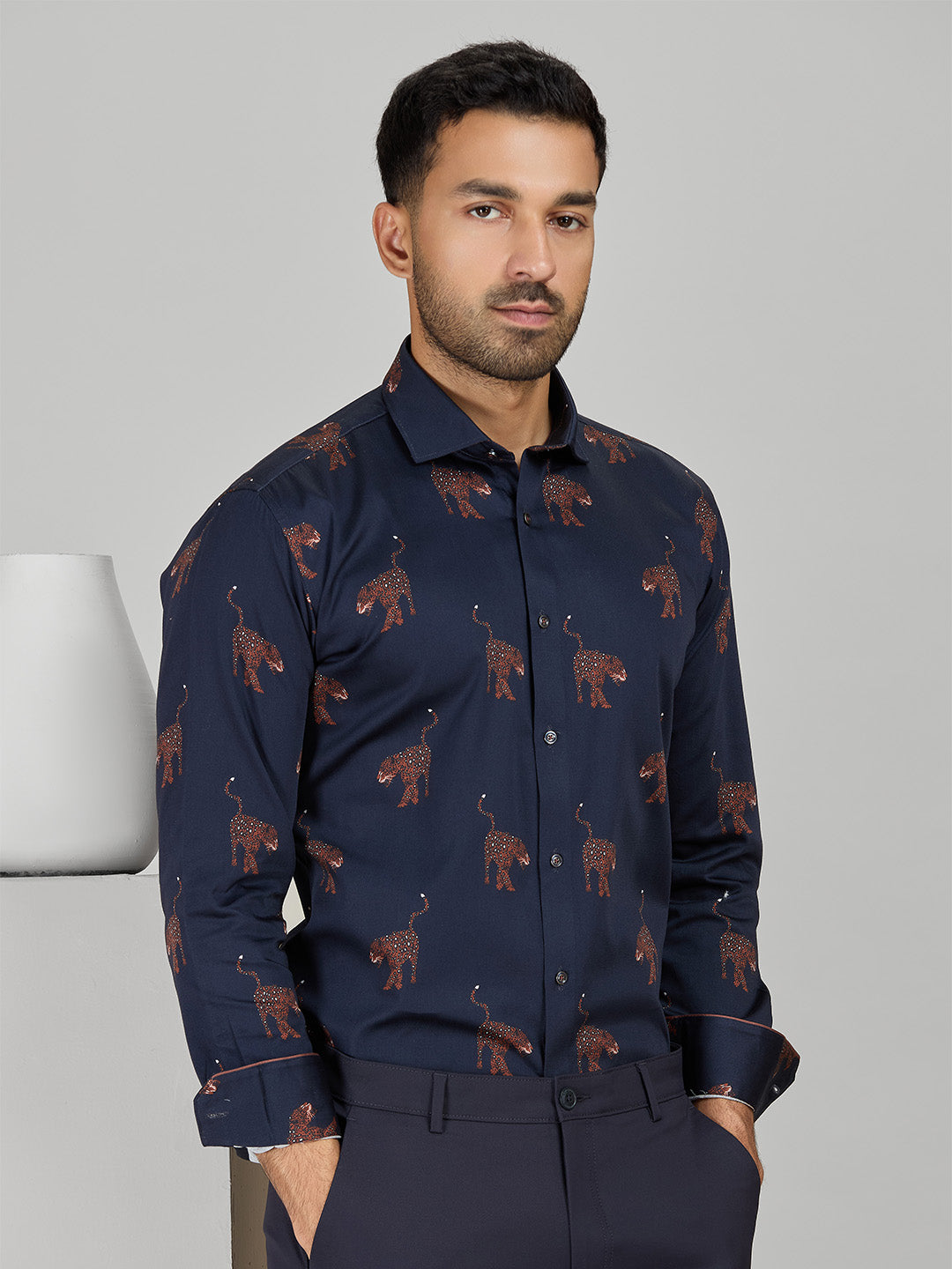 Men’s Navy Blue Cotton Printed Shirt in Slim Fit