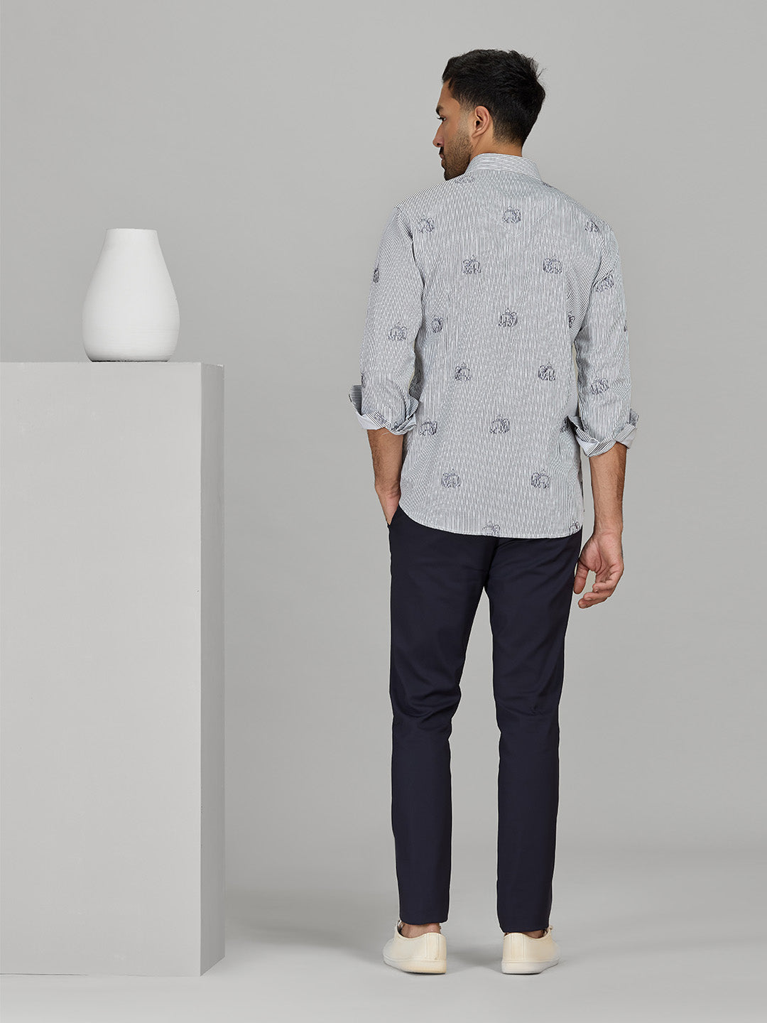 Men's White/Grey Cotton Designer Shirt in Slim Fit