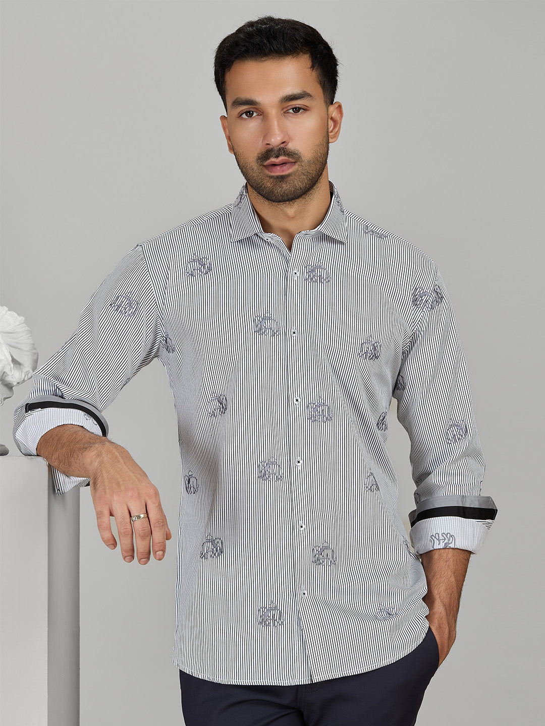 Men's White/Grey Cotton Designer Shirt in Slim Fit