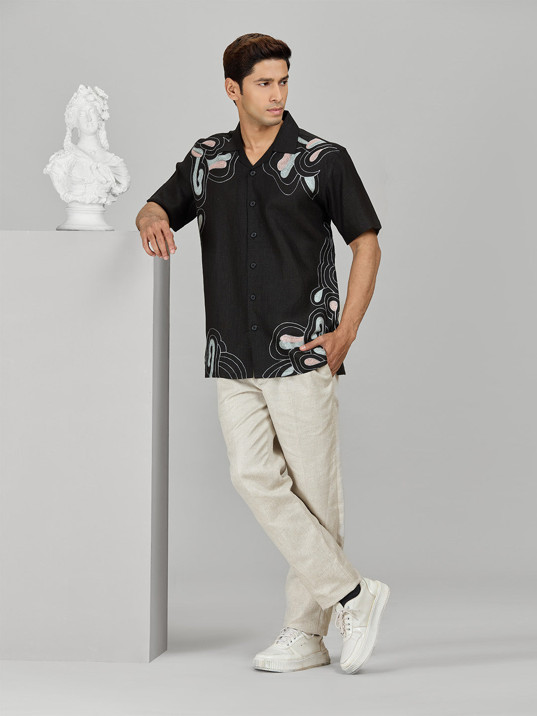 Men's Black Linen Designer Shirt in Regular Fit