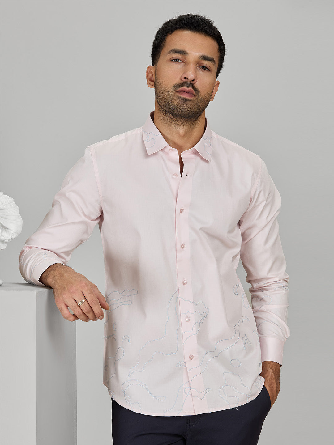Pink Embroidered Cotton Shirt for Men – Slim Fit Party Wear Designer Shirt