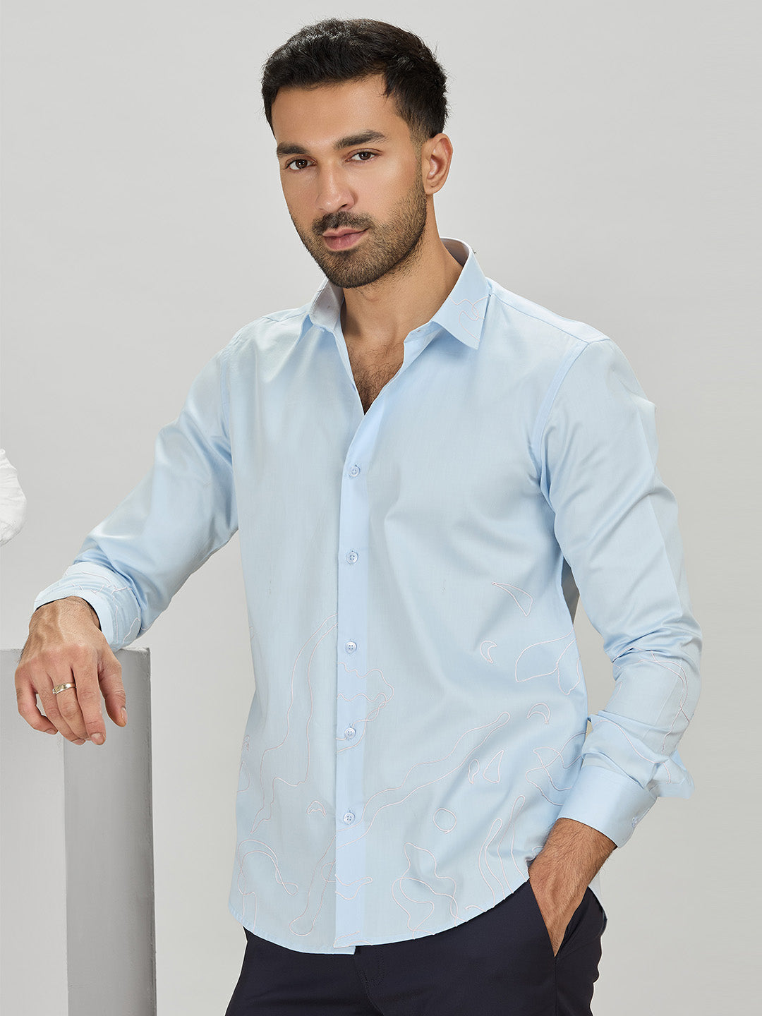 Light Blue Cotton Shirt for Men with Abstract Embroidery