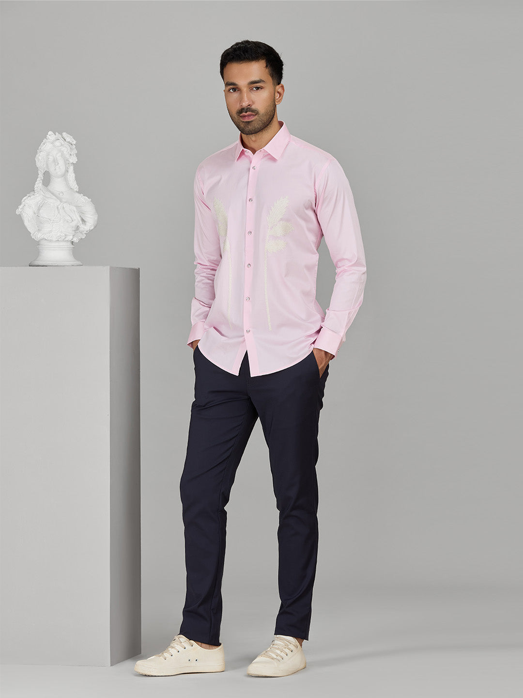 Pink Slim Fit Cotton Shirt with Delicate Embroidery Detailing