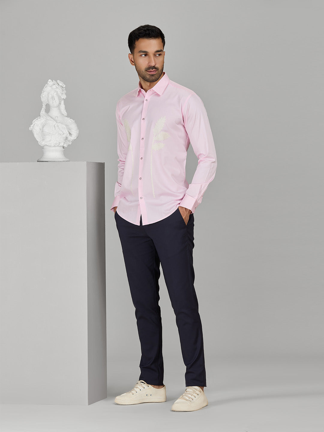 Pink Slim Fit Cotton Shirt with Delicate Embroidery Detailing