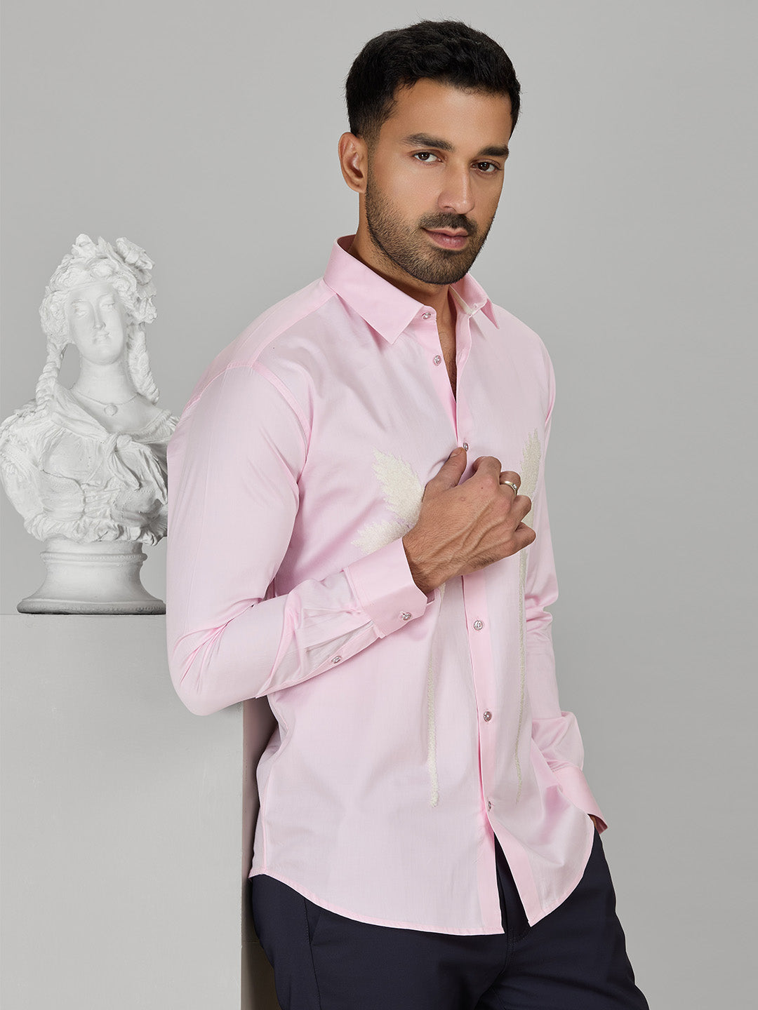 Pink Slim Fit Cotton Shirt with Delicate Embroidery Detailing