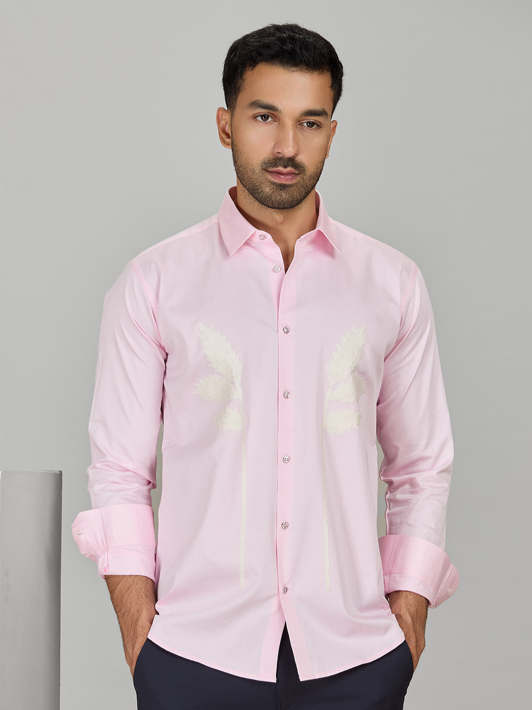Pink Slim Fit Cotton Shirt with Delicate Embroidery Detailing