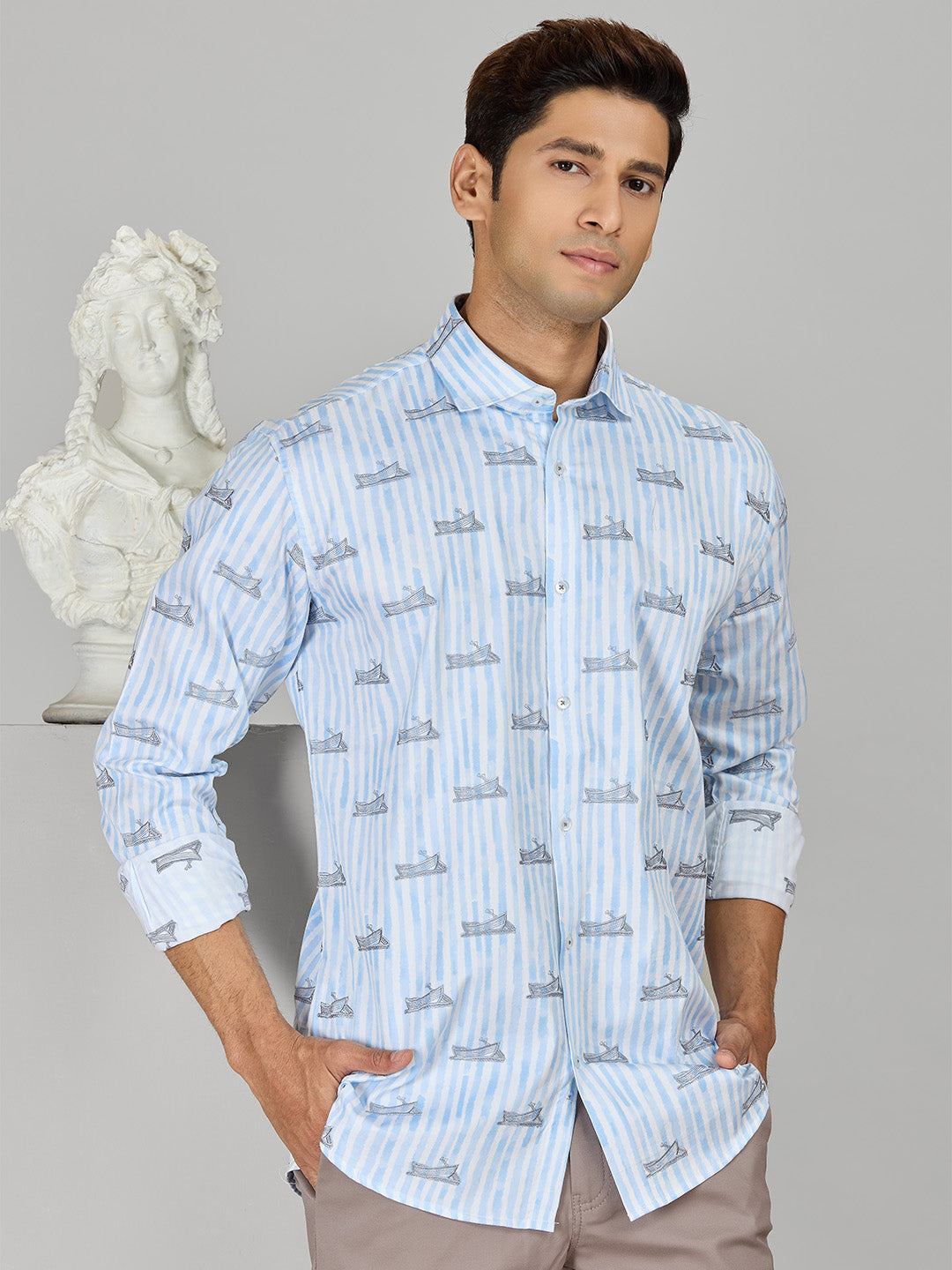 Men's Sky Blue Cotton Designer Shirt in Slim Fit