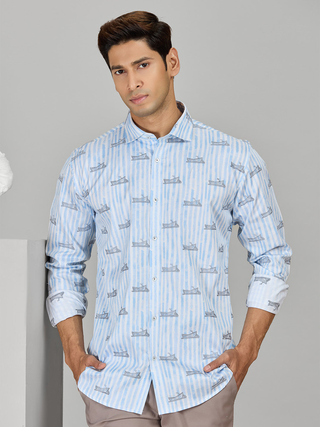 Men's Sky Blue Cotton Designer Shirt in Slim Fit