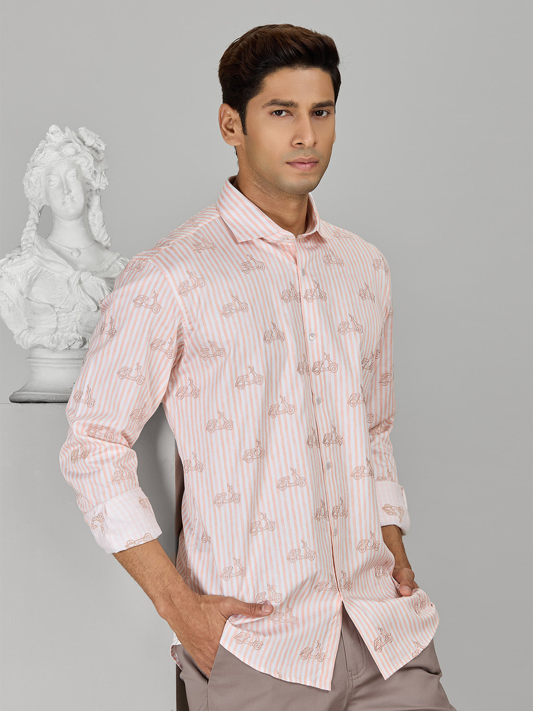 Peach Striped Cotton Shirt for Men with Embroidery