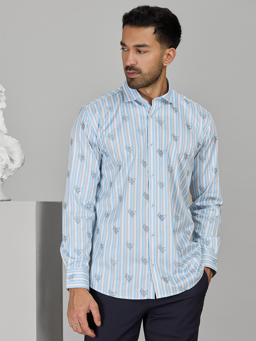 Sky Blue Striped Embroidered Shirt for Men – Slim Fit