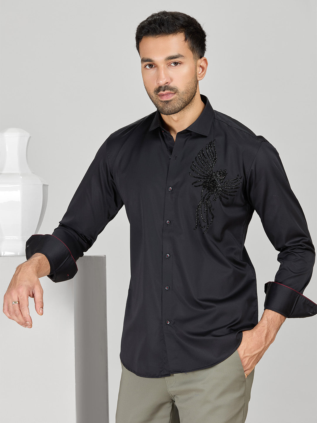 Black Slim Fit Shirt with Contemporary Embroidery Accents