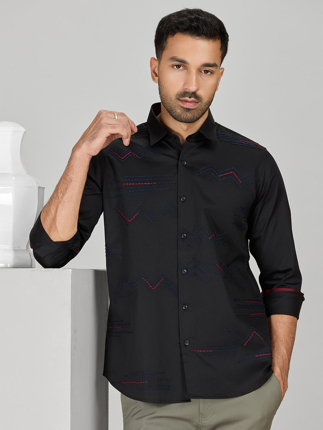 Black Zigzag Embroidered Cotton Shirt for Men