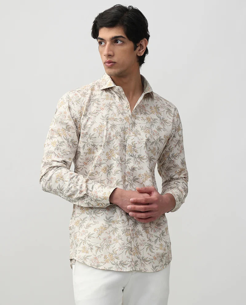 Shop For Men s Cream Print Full Sleeves Luxury Branded Cotton Shirt