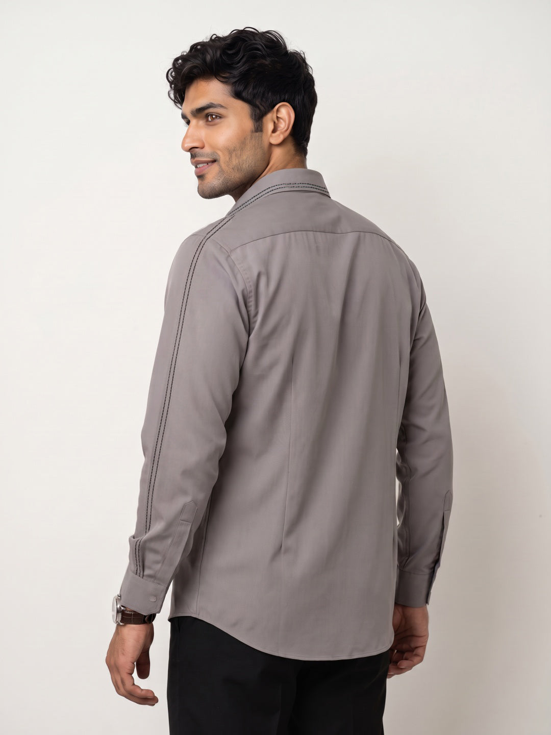 Earth Tone Japanese-Boomariyo Slim Fit Cut & Sew Shirt with Geometric Star Embroidery