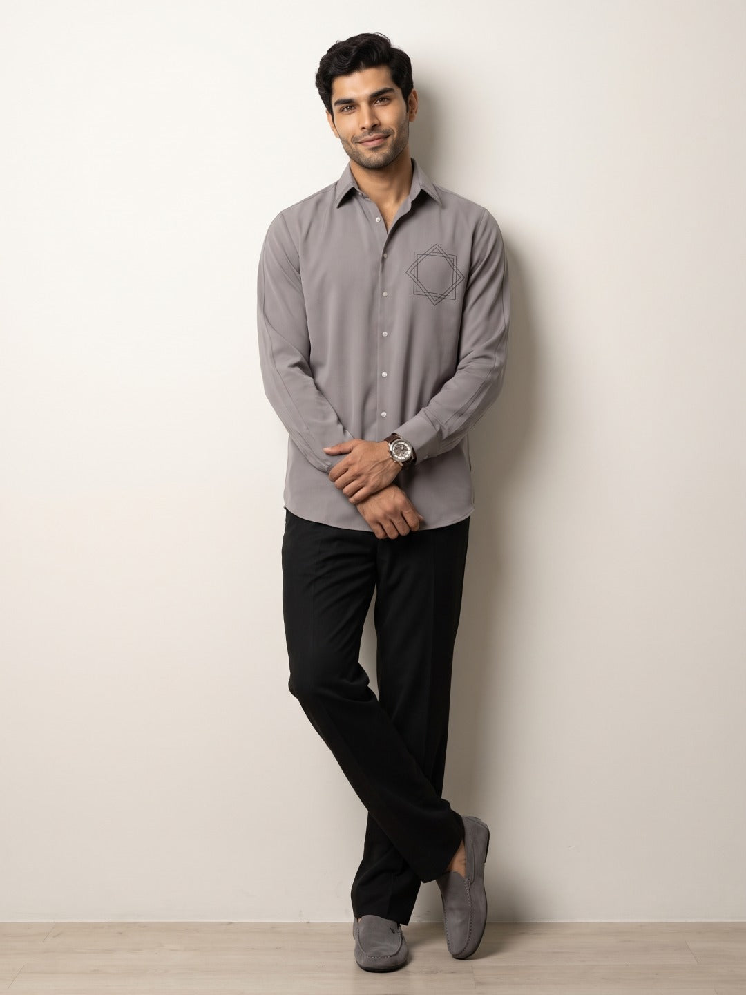 Earth Tone Japanese-Boomariyo Slim Fit Cut & Sew Shirt with Geometric Star Embroidery