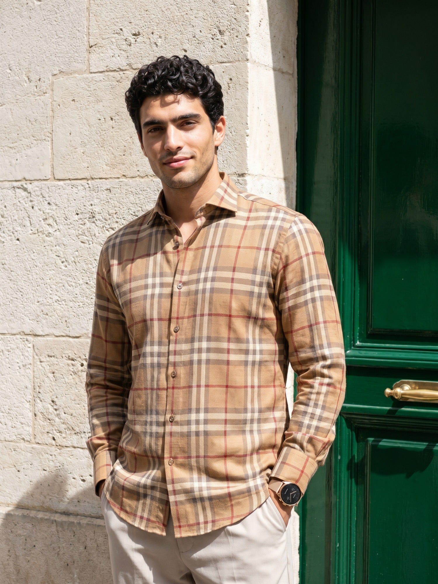 Classic Khaki Checks Cotton Slim Fit Shirt For Men