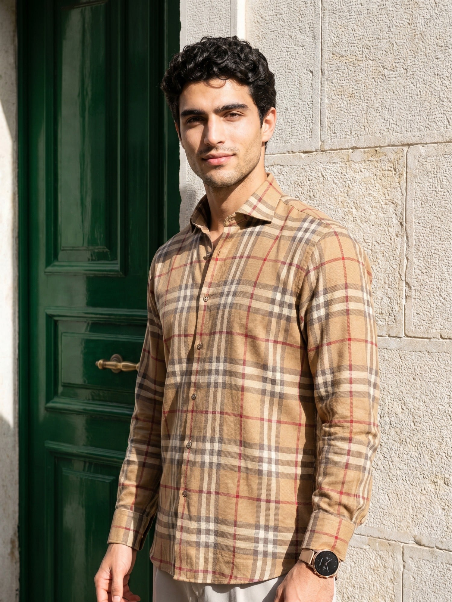 Classic Khaki Checks Cotton Slim Fit Shirt For Men