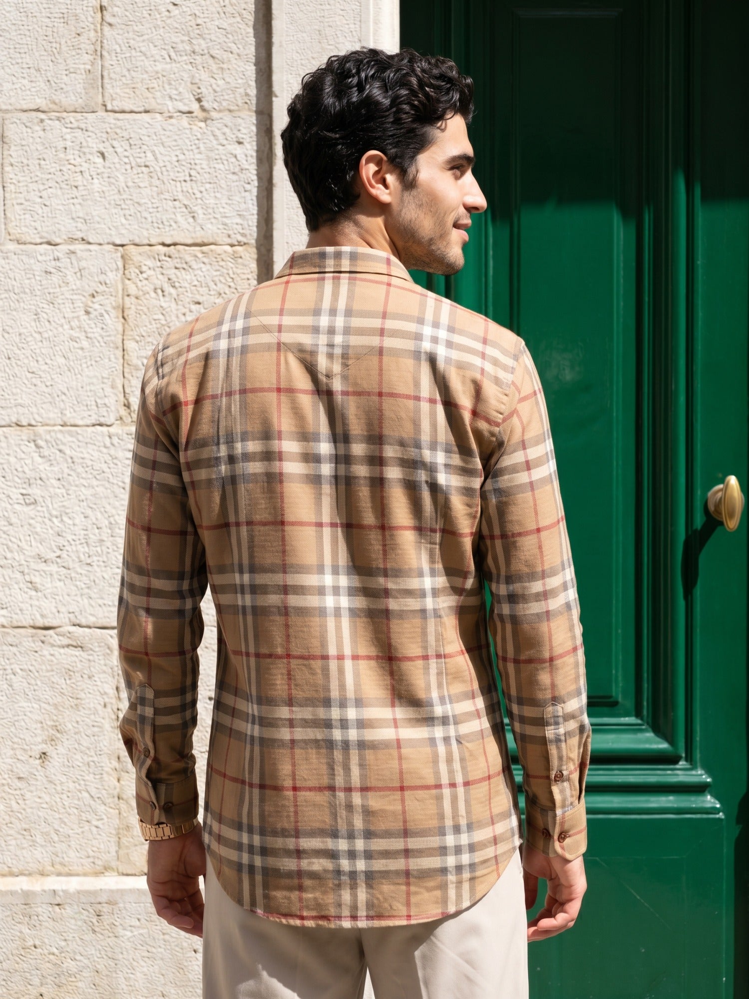 Classic Khaki Checks Cotton Slim Fit Shirt For Men
