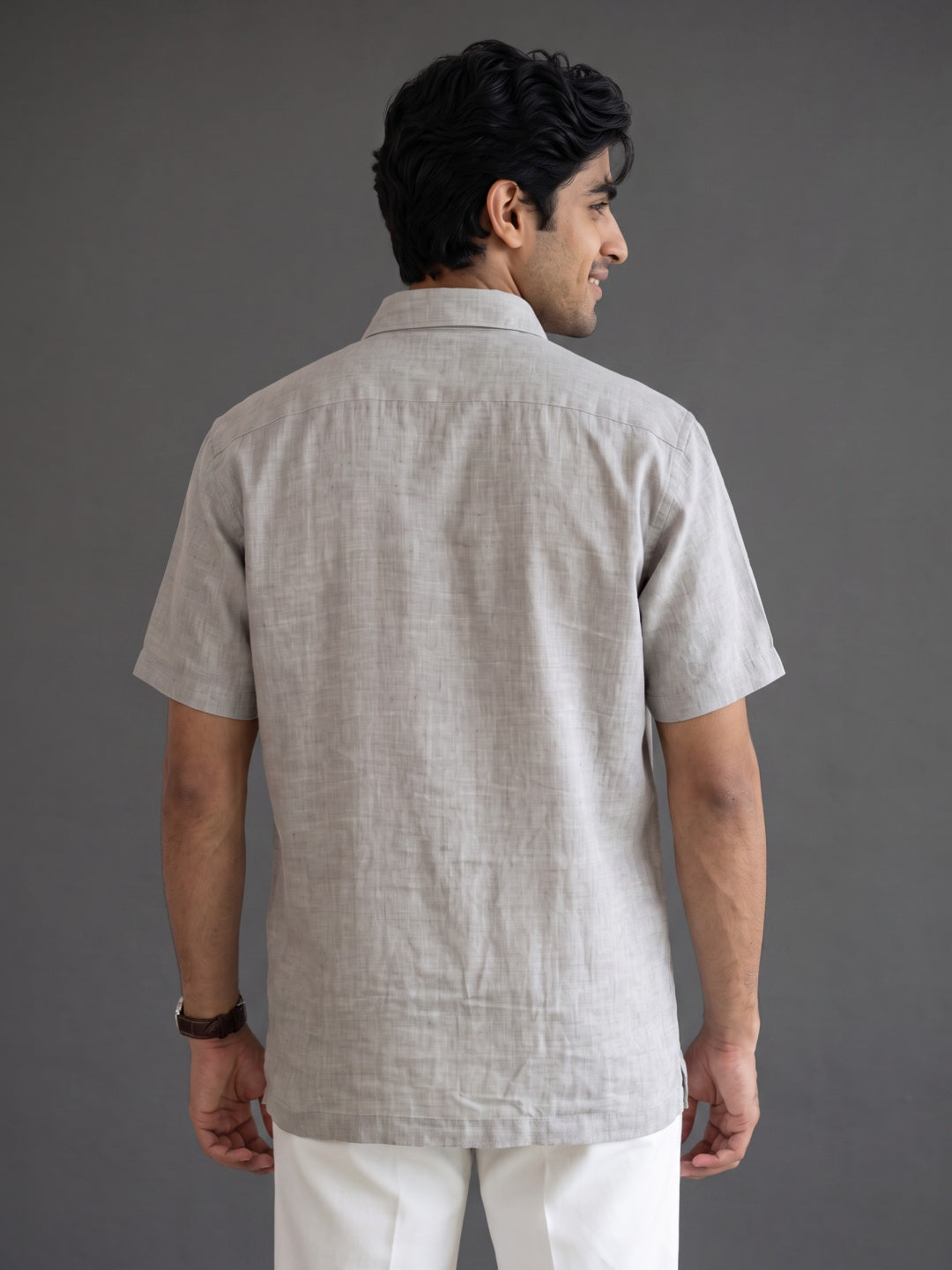Dark Natural Linen Regular Fit Half-Sleeve Shirt with Aplic work