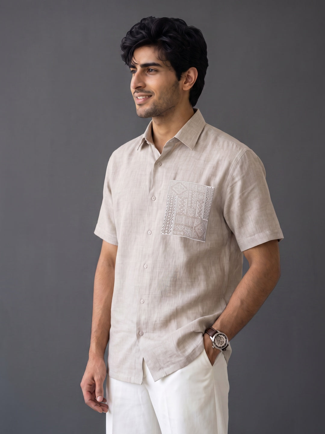 Dark Natural Linen Regular Fit Half-Sleeve Shirt with Aplic work