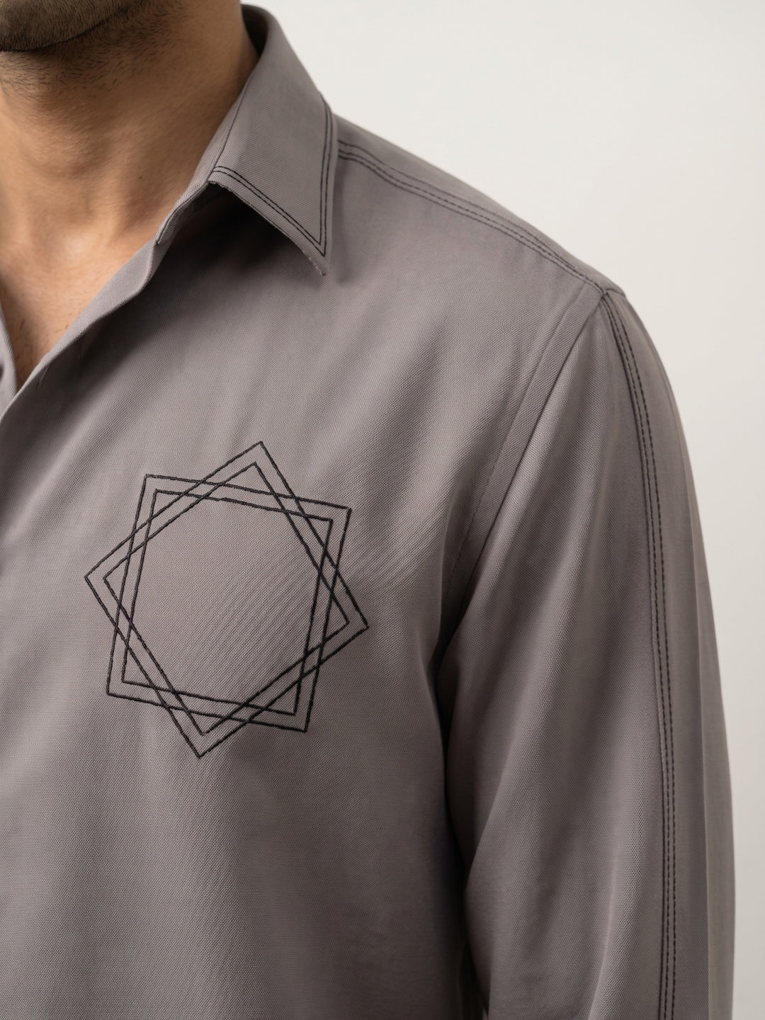 Earth Tone Japanese-Boomariyo Slim Fit Cut & Sew Shirt with Geometric Star Embroidery