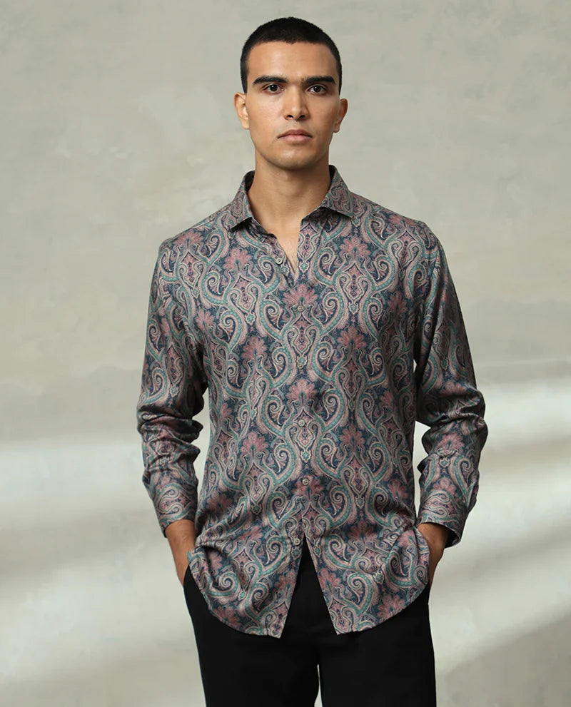 Peacock Print Green Full Sleeves Men's Cotton Shirt