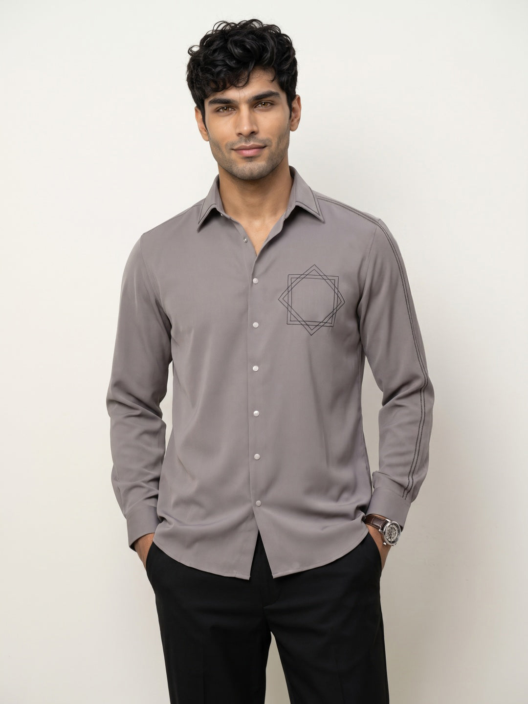 Earth Tone Japanese-Boomariyo Slim Fit Cut & Sew Shirt with Geometric Star Embroidery