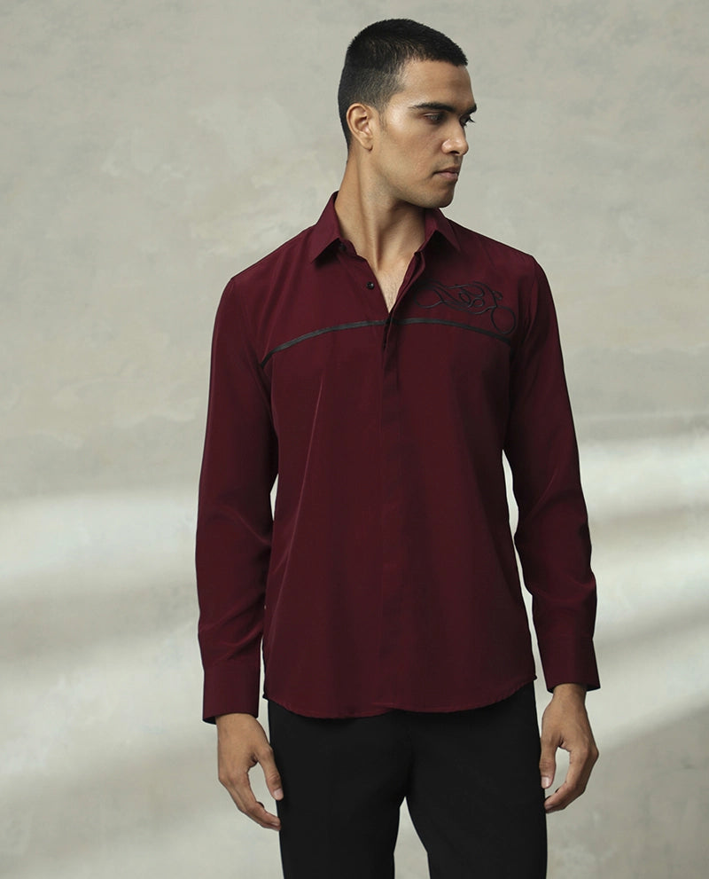 Wine Embroidered Regular Slim Fit Cotton Men Shirt India