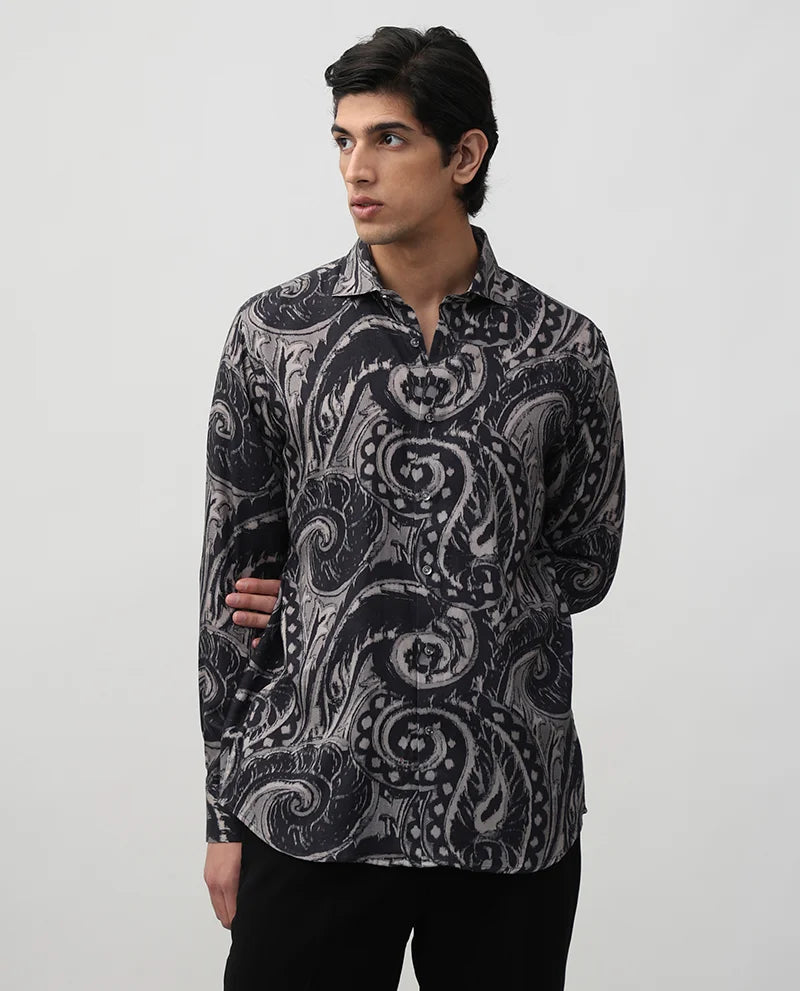 Men's Dark Grey Paisley Printed Tencel Party Wear Shirt