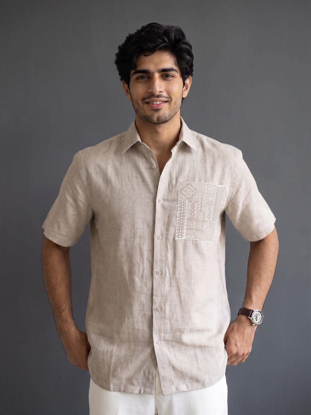 Dark Natural Linen Regular Fit Half-Sleeve Shirt with Aplic work